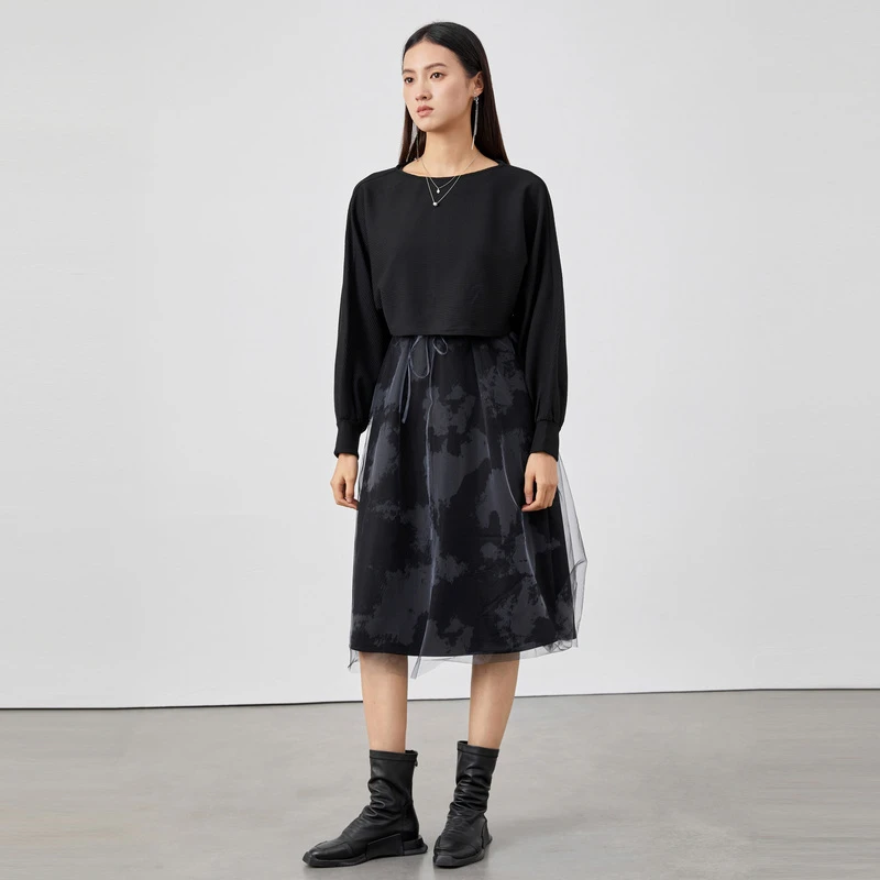 【薇生活专属】圣迪奥女装气质晕染收腰网纱连衣裙套装S223Z1448