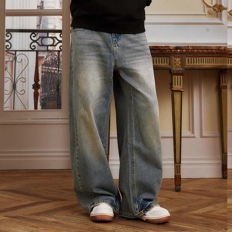 SFNT水洗做旧弯刀牛仔裤美式复古vintage水洗做旧四季必备