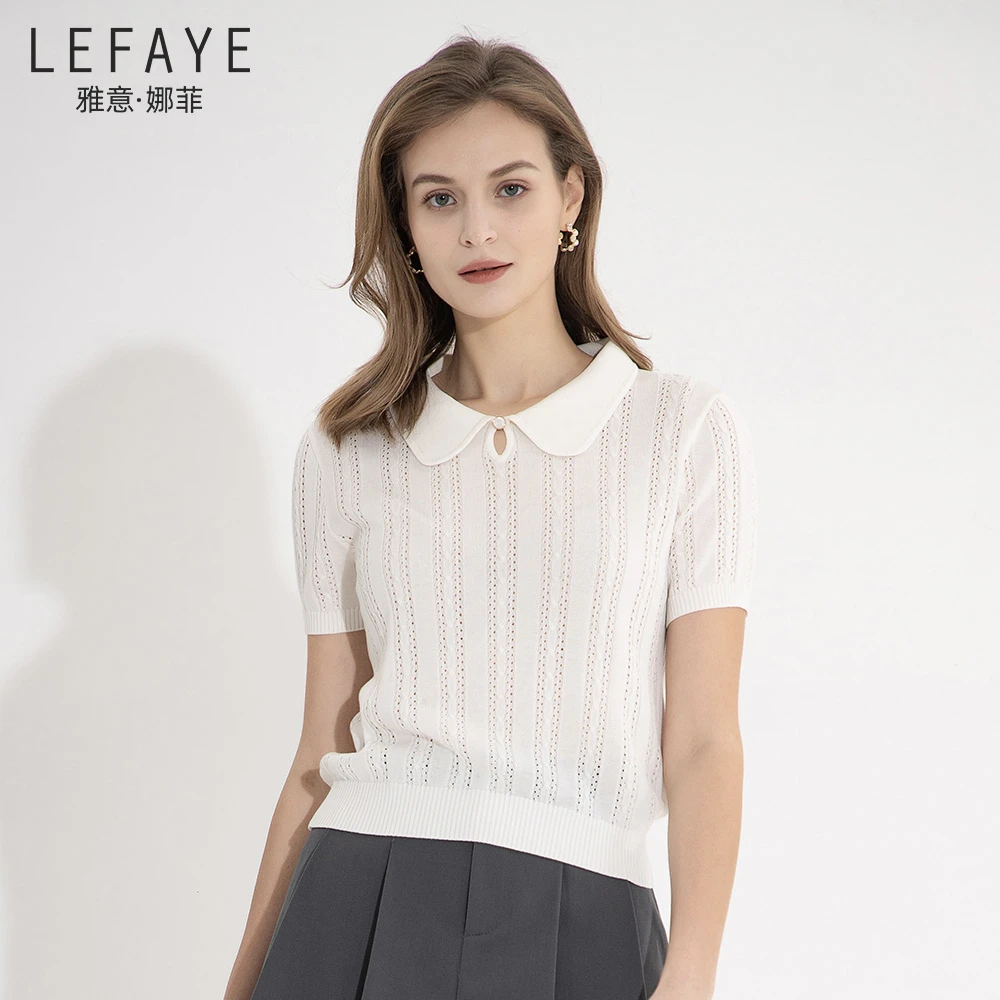 雅意娜菲2025年春夏新款纯色镂空娃娃领短袖天丝简约休闲针织衫女