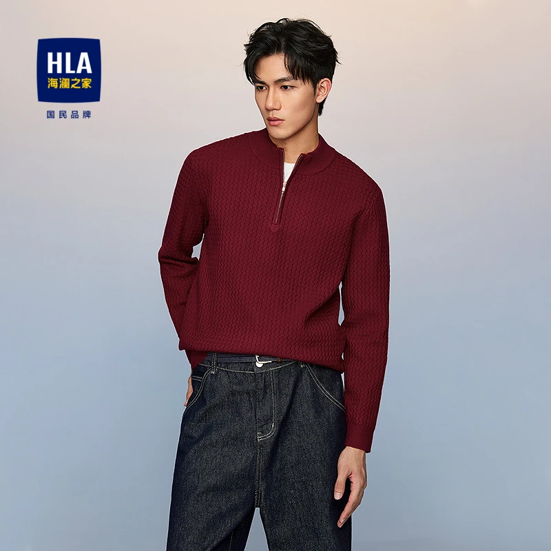 HLA/海澜之家半高领长袖针织衫半开襟简约上衣男