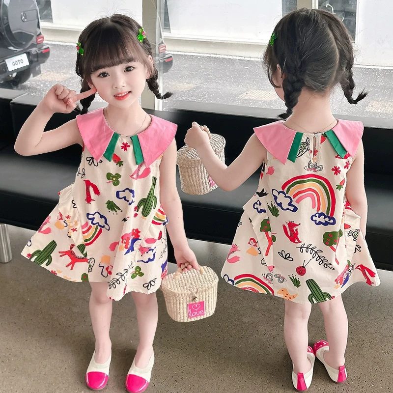 女童夏装连衣裙洋气儿童甜美娃娃领公主裙女宝宝夏季纯棉裙子涂鸦