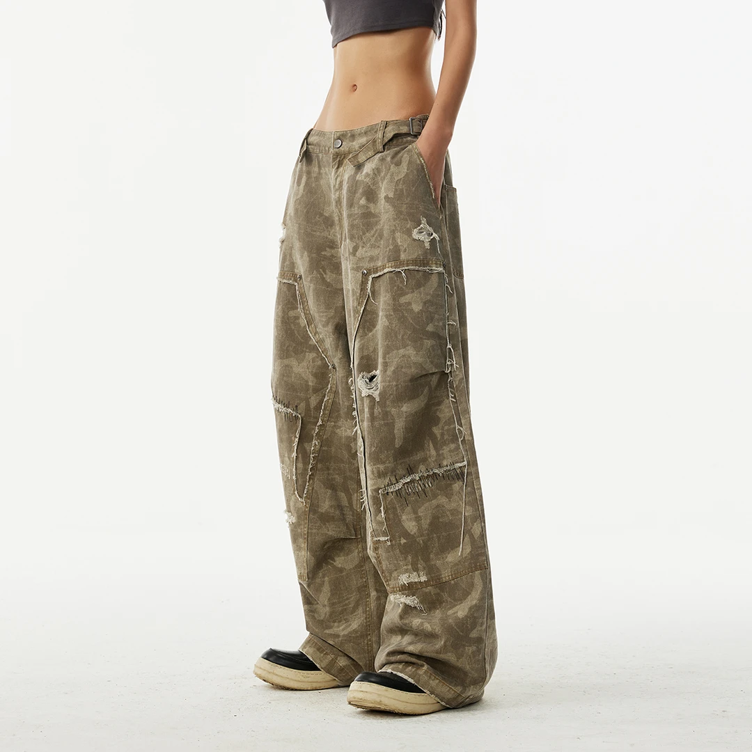 张颜齐同款水洗纯棉迷彩裤男女阔腿休闲工装裤潮牌美式复古直筒裤