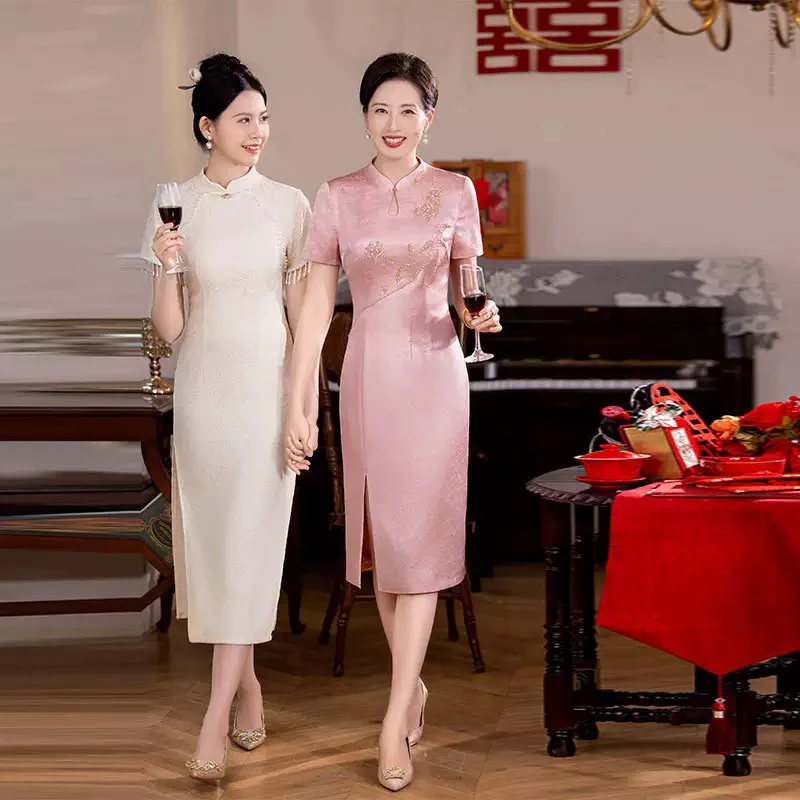 高档醋酸【粉色+蓝色】小个子喜妈妈婚宴改良旗袍礼服大码日常可穿B