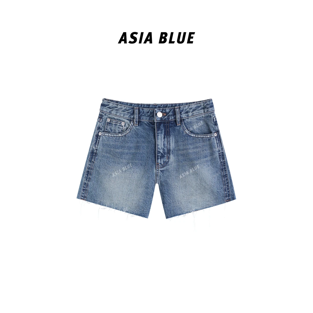 【ASIA BLUE】无弹高腰毛边A版牛仔短裤AB5377