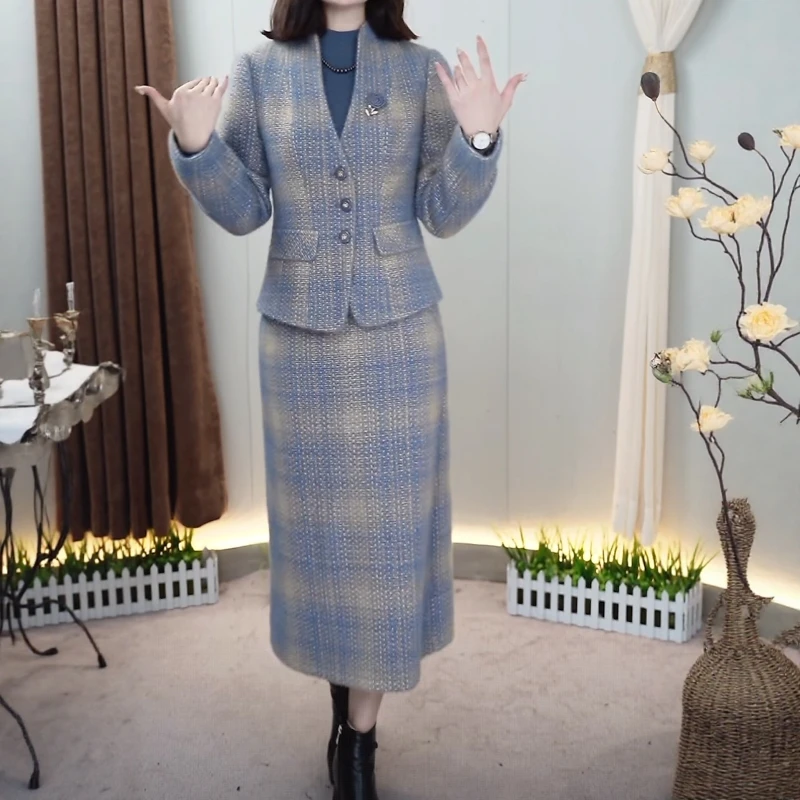 3581新款格子中长时尚修身显瘦气质洋气法式套装