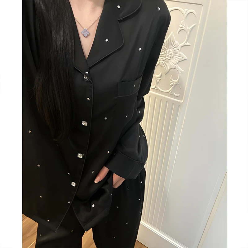 黑色纯欲高级感星星印花冰丝睡衣女2025春夏季新款家居服套装外穿