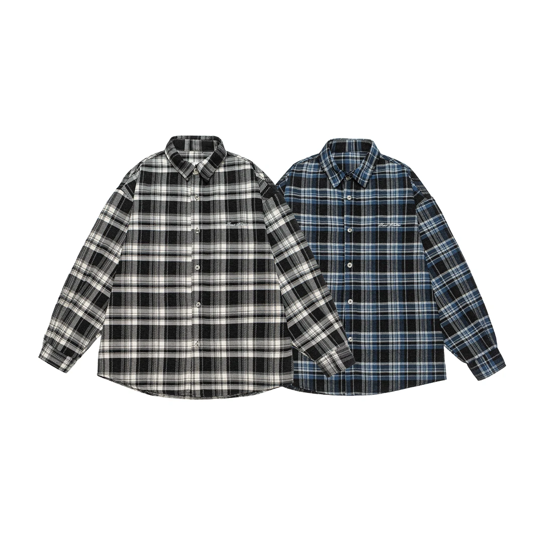 PANGB秋季款大码长袖翻领复古格纹刺绣点缀宽松单排扣格子衬衫