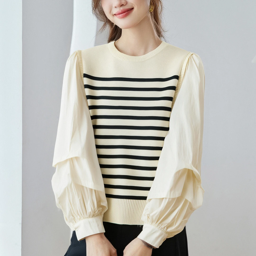 泡泡袖上衣高级感气质轻奢条纹打底衫2025新款秋冬拼接毛衣女外穿