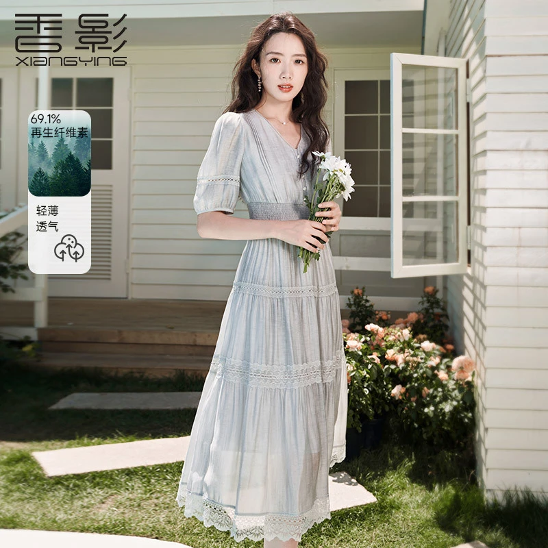 Q842557连衣裙 香影法式连衣裙女夏季新款高级灰蕾丝花边