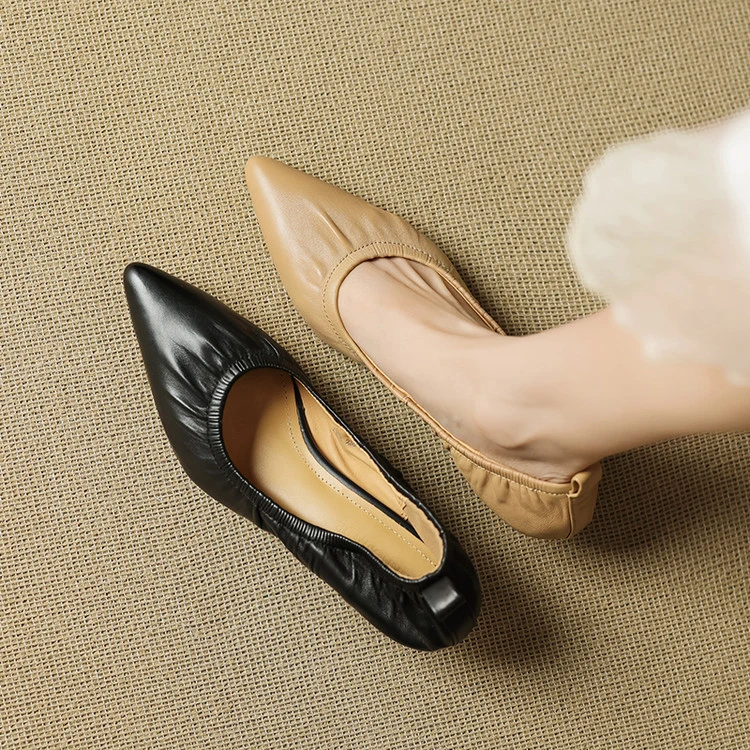 头层羊皮~4.5cm真皮拉皱款气质名媛细跟中跟时尚尖头浅口猫跟单鞋