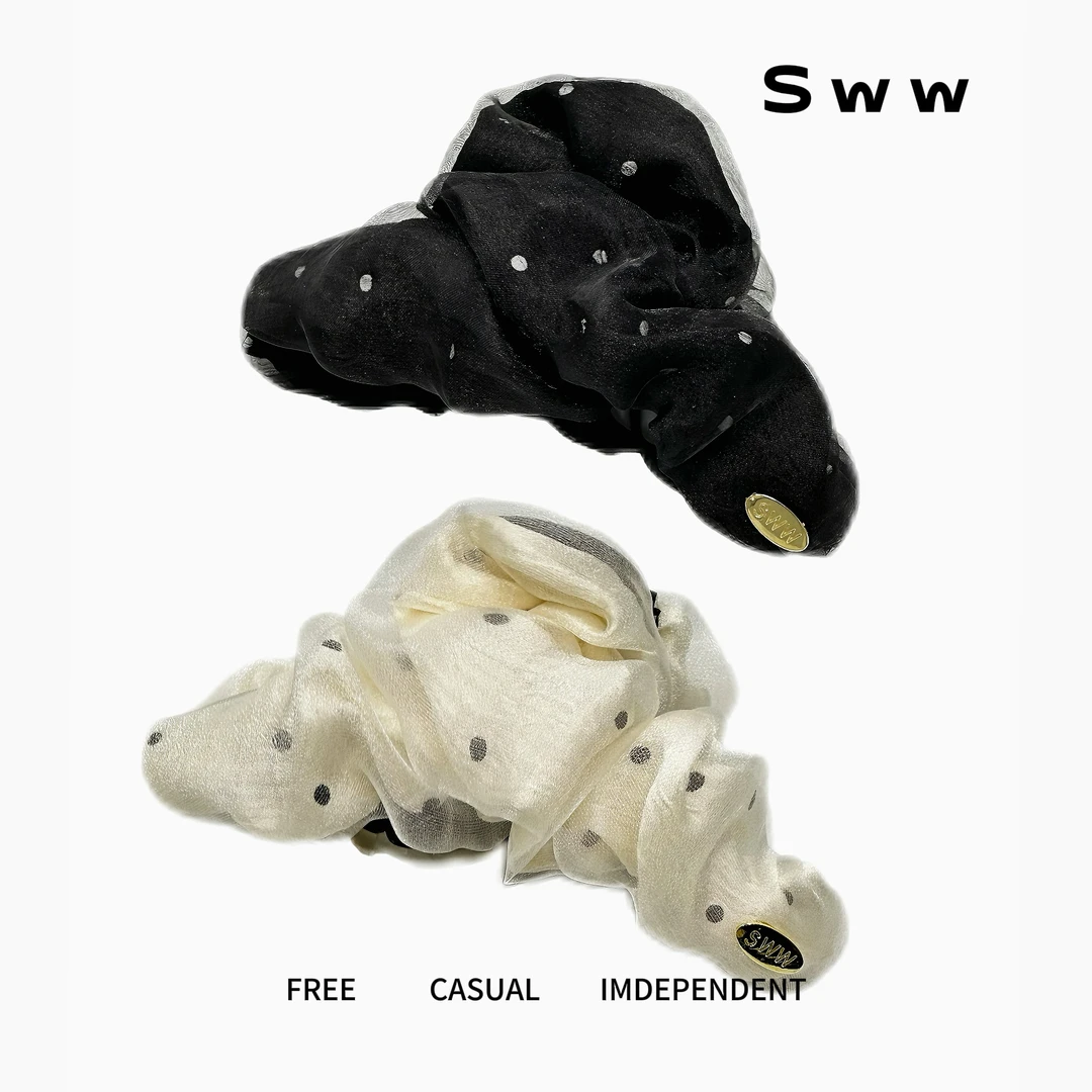 SWW星光流沙 饱满网纱拼接缎面波点褶皱后脑勺抓夹