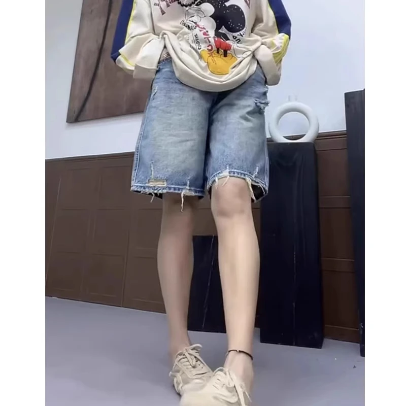 复古破洞直筒牛仔短裤女款夏天薄款高腰显瘦宽松百搭阔腿五分裤子