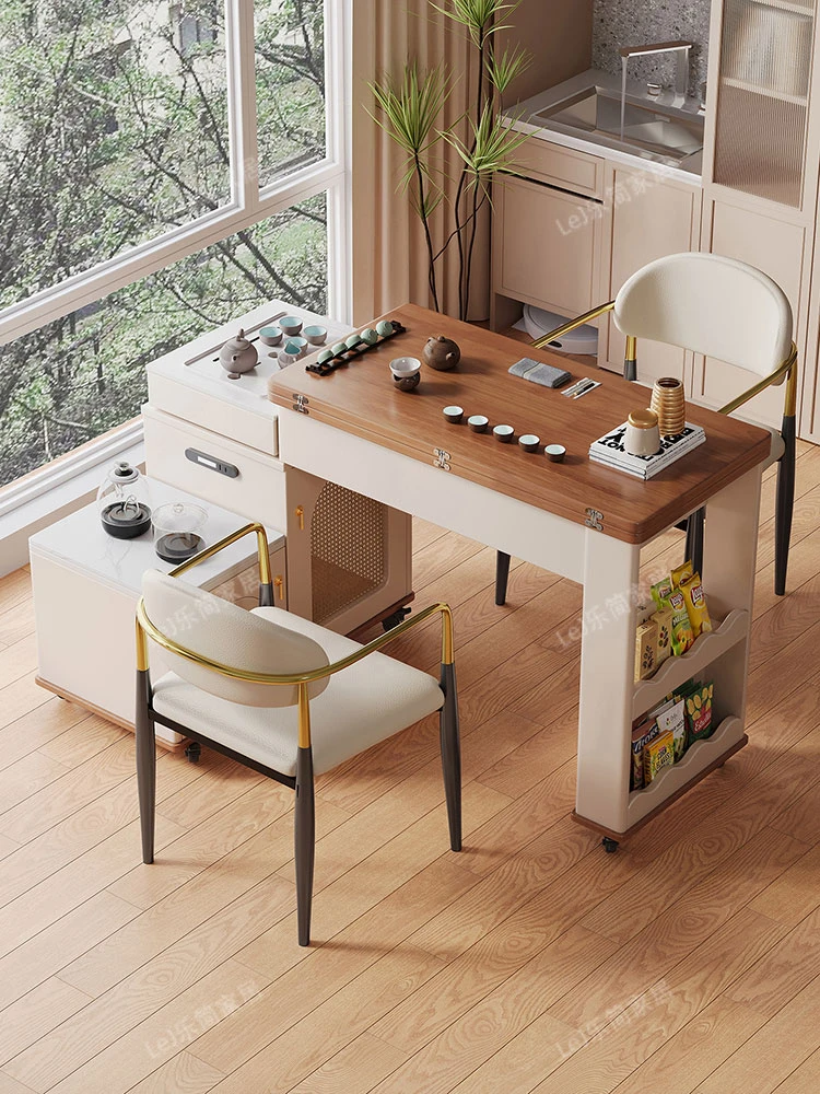 实木多功能旋转移动茶桌茶车带烧水壶小户型家用小茶台可伸缩折叠