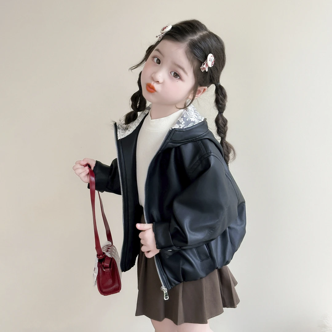 女童连帽皮衣外套2025新款爆款洋气外穿秋装儿童女宝韩版童装衣服