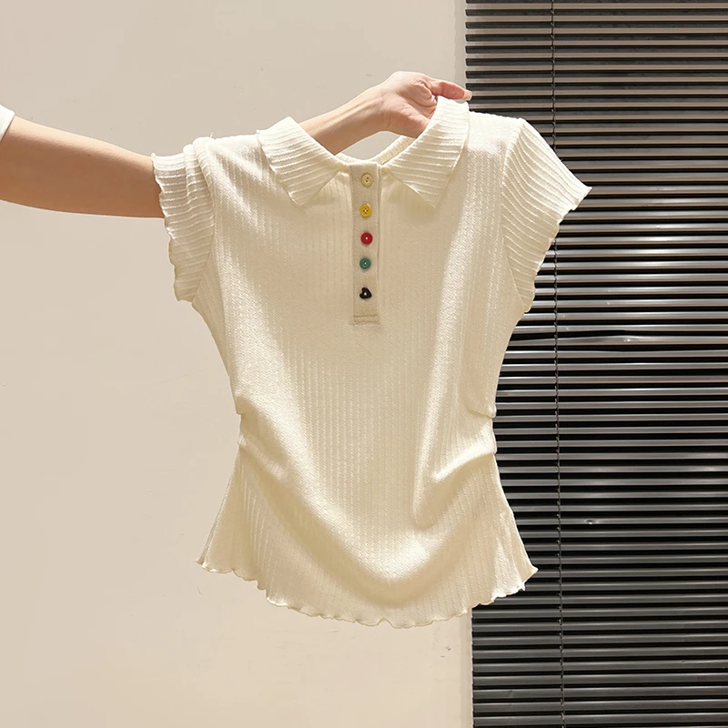 韩系polo领彩色纽扣短袖t恤女2025年夏季新款木耳边收腰褶皱上衣