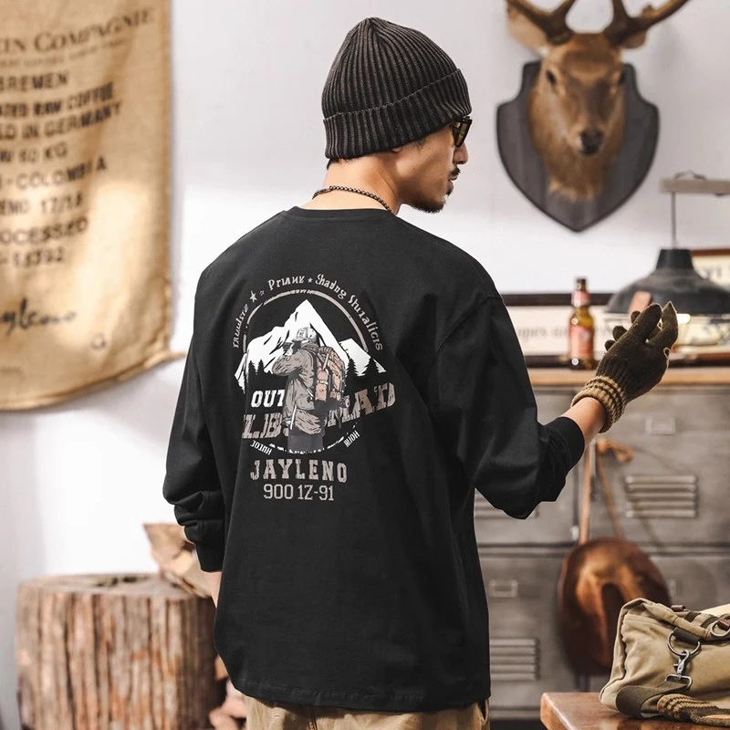 美式复古百搭大码重磅长袖t恤男秋季新款潮流印花体恤男休闲上衣