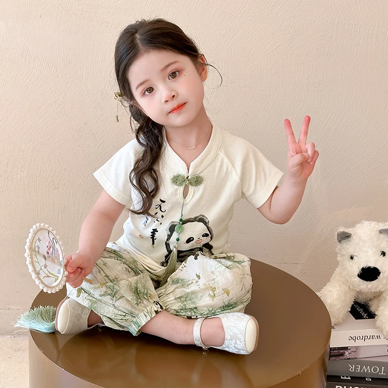 女童短袖防蚊裤夏季装熊猫套头卡通风女中国风套装汉服休闲宅萌系