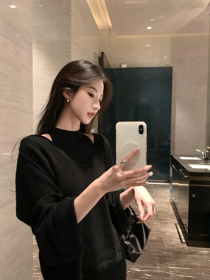 秋季新款时尚气质针织长袖上衣韩版高级感百搭黑色宽松休闲裤套装