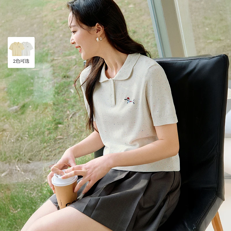 【商场同款】茵曼秋季简约娃娃领刺绣针织衫休闲通勤显瘦短袖上衣