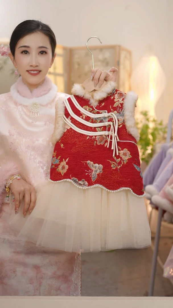 【红妆无袖】SC857女童冬季国风加绒不夹棉保暖新中式马甲裙拜年服