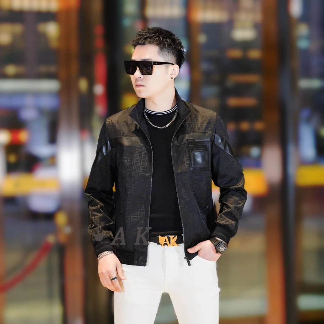 AK2025春季新款男士夹克外套时尚潮流立领提花拼皮休闲夹克外套男