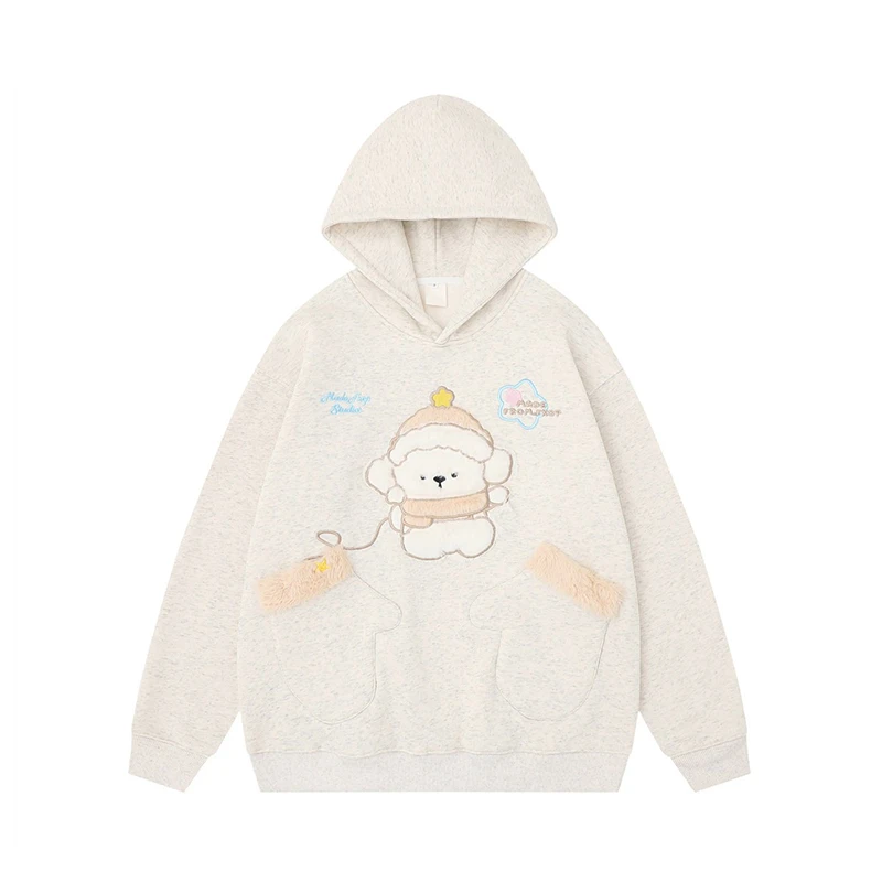 泡面妹妹paoni 可爱毛绒小狗刺绣连帽卫衣女学生冬宽松慵懒风外套