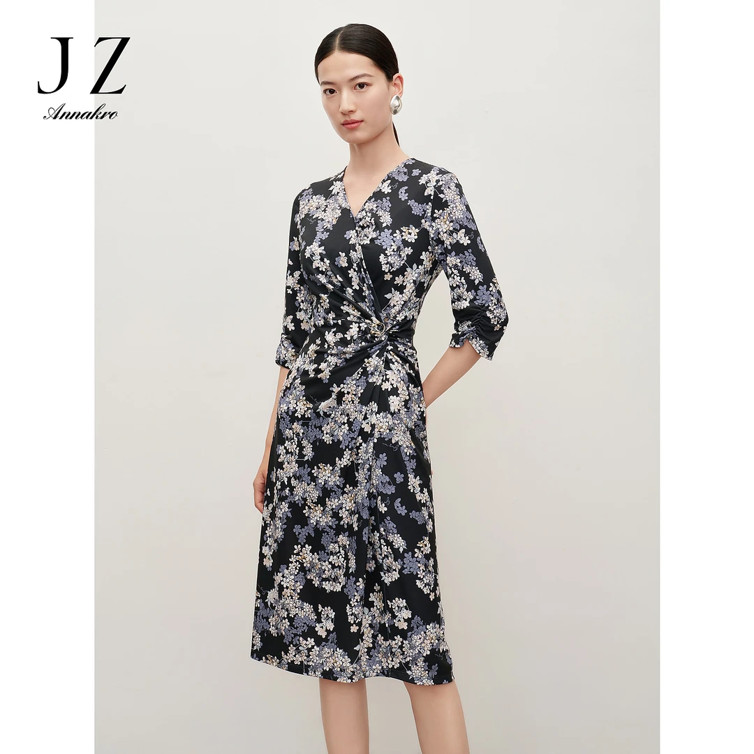 【婷婷专属】玖姿安娜蔻JTEQ50015轻熟风V领针织印花收腰法式连衣裙