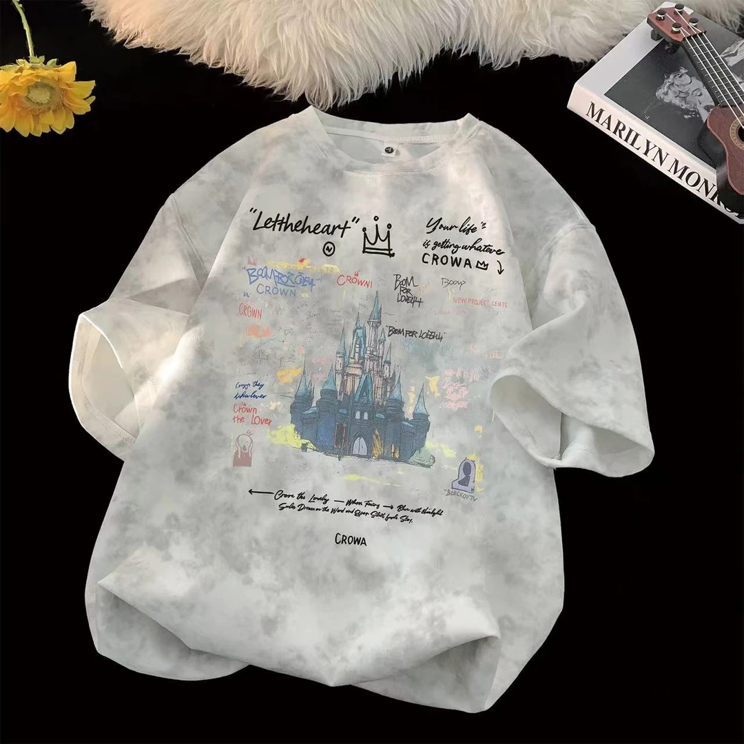 大码300斤卡通趣味创意扎染纯棉短袖t恤男女夏季宽松显瘦重磅上衣