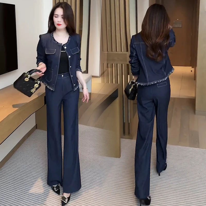 时尚牛仔套装女2025秋季新款洋气显瘦牛仔外套阔腿裤休闲两件套潮