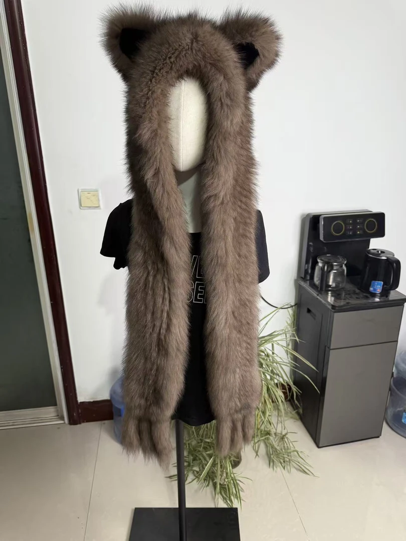 狐狸毛加厚编织风雪帽女围巾帽子一体冬季保暖全包护耳帽