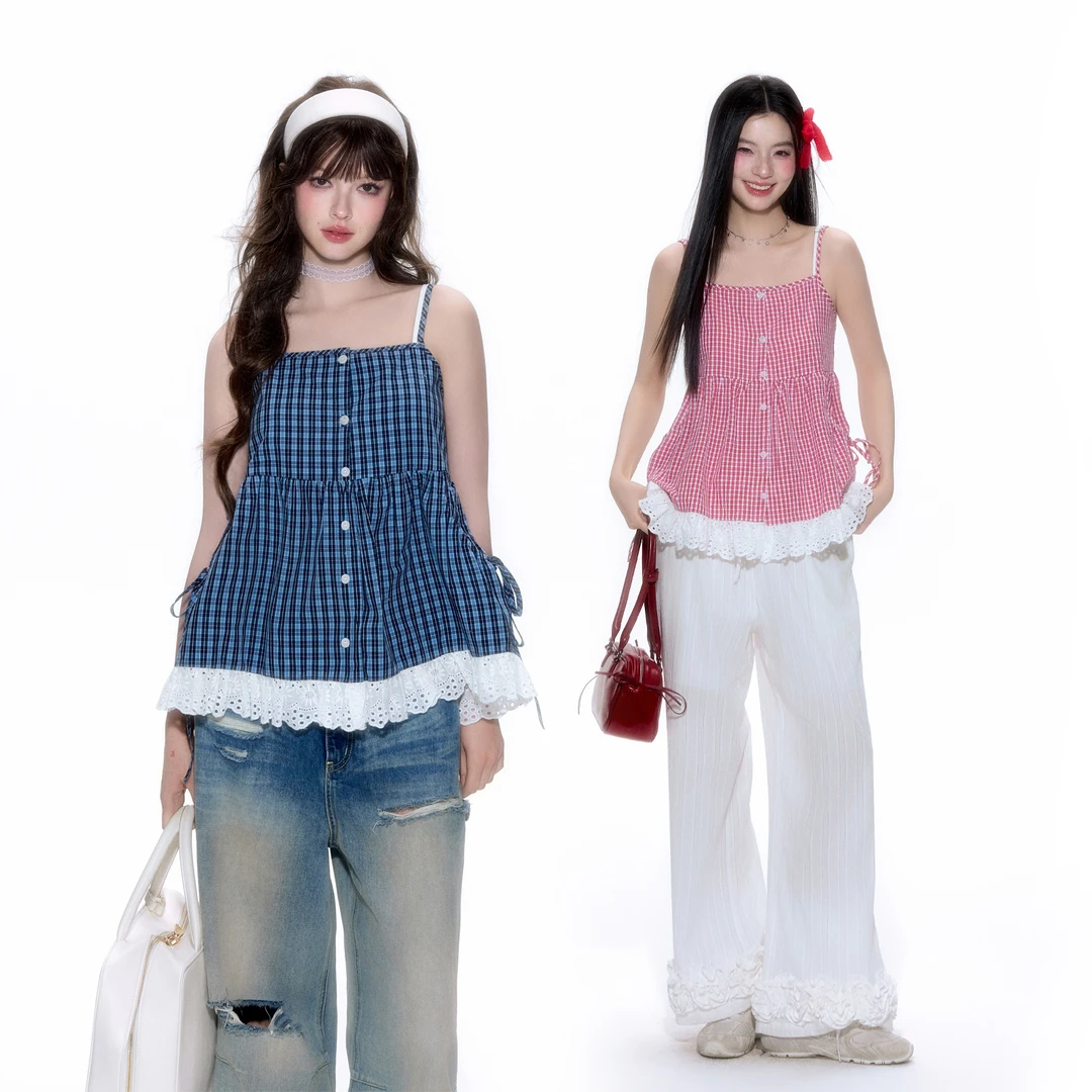 FPMZ【官方】假两件格子吊带娃娃衫夏季蕾丝花边背心抹胸开衫上衣