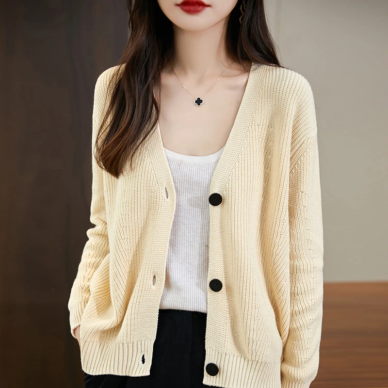 纯棉新疆棉 七针五股加厚女士V领春秋款长袖针织衫