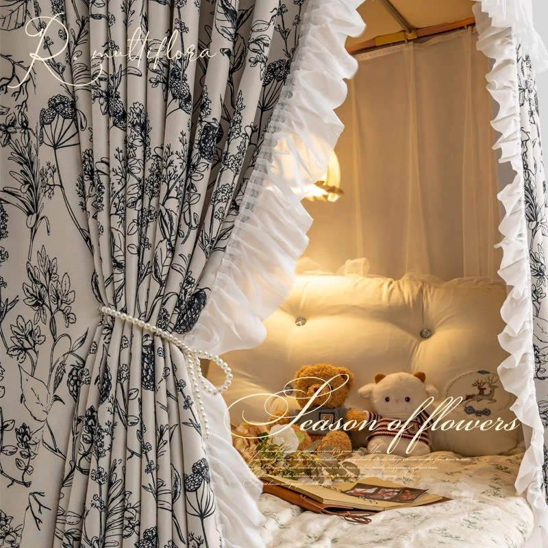 细嗅蔷薇复古法式床帘u型轨道宿舍上下铺寝室强遮光 蚊帐一体式窗