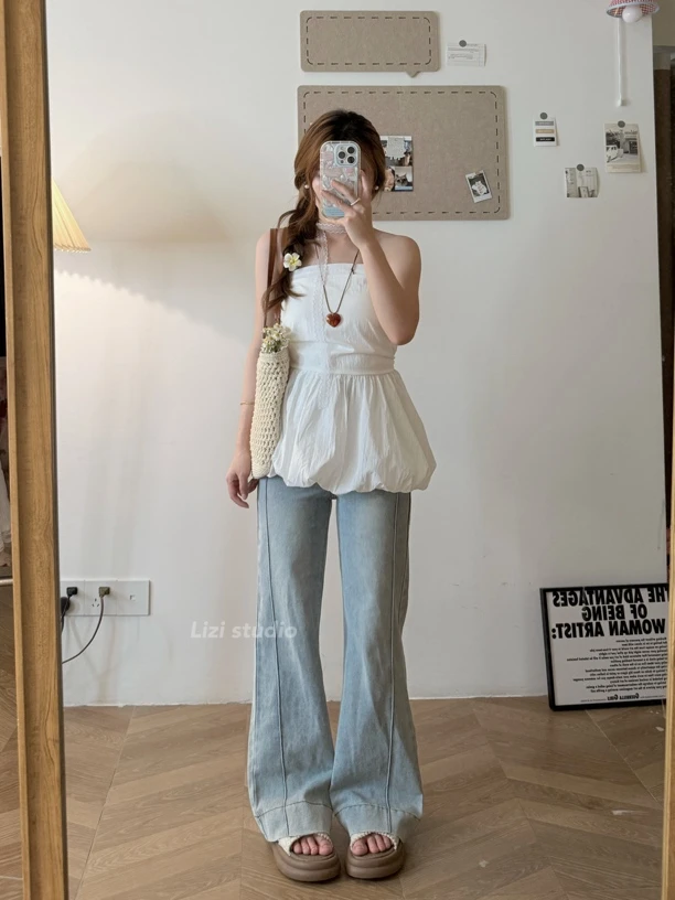 柔蓝//小个子定制浅蓝微喇牛仔裤竖线条装饰150女生百搭显高