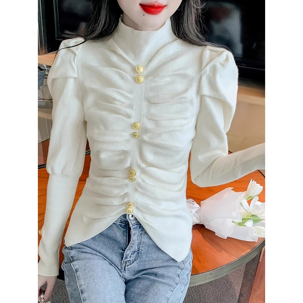 小香风褶皱加厚半高领泡泡袖针织打底衫女2025秋冬新款修身内搭毛