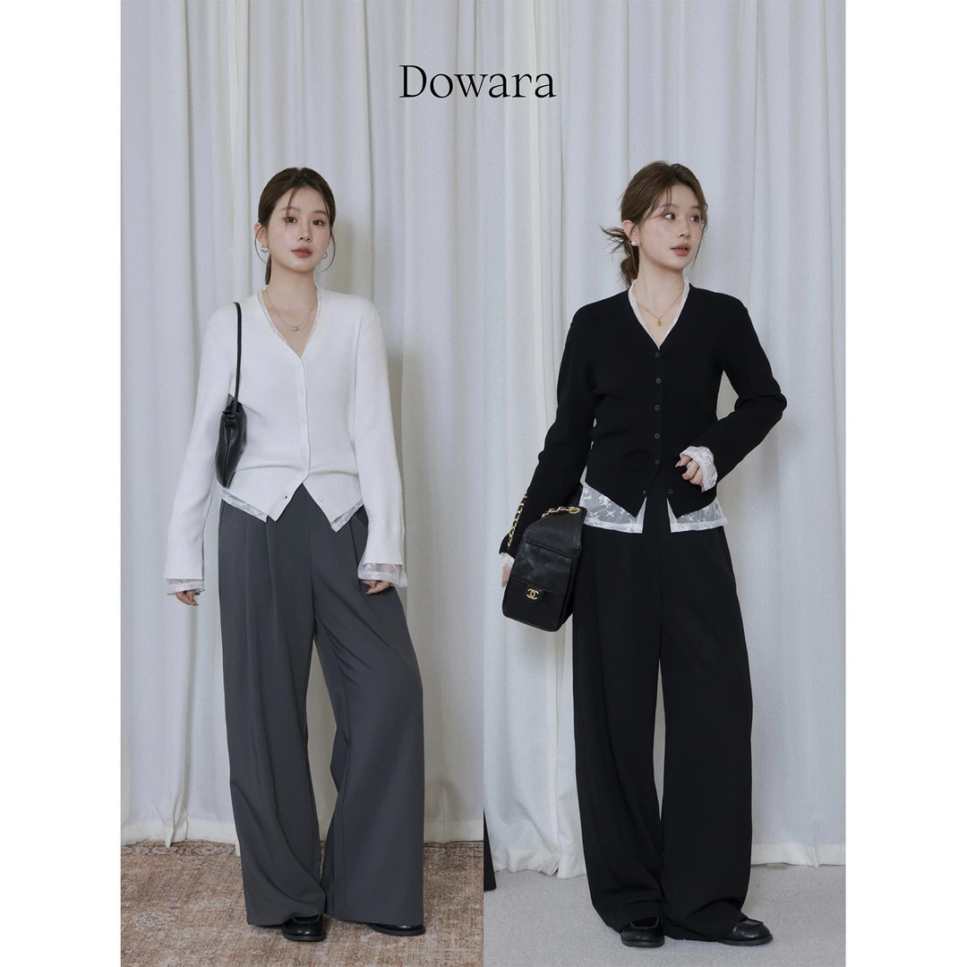 大婉酱微胖定制韩系V领针织开衫早秋法式别致蕾丝边长袖上衣0335D