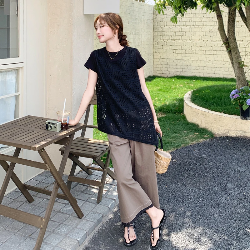 今年流行爆款时尚洋气减龄显瘦遮肉减龄设计感黑色T恤阔腿裤套装