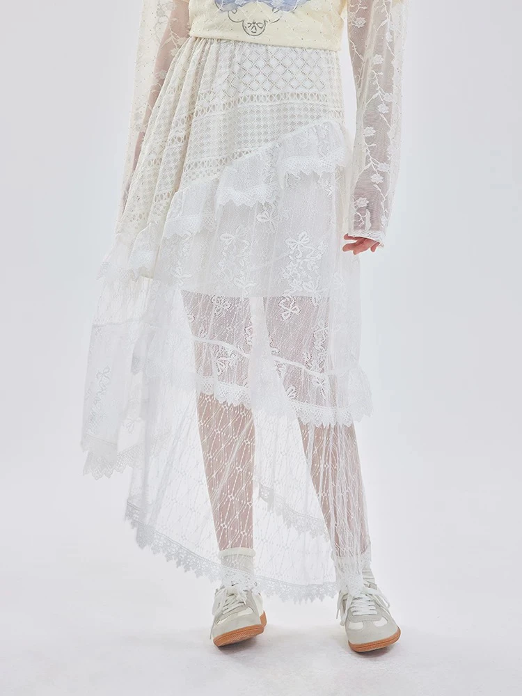OoofYang 蕾丝拼接半身裙设计感不规则斜摆高腰a字显瘦网纱仙女裙