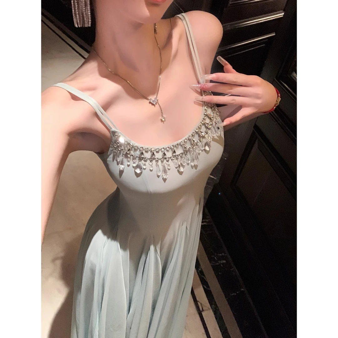 【仙气飘飘】夏季大女主修身超仙儿水晶钻链网纱大摆吊带连衣裙女