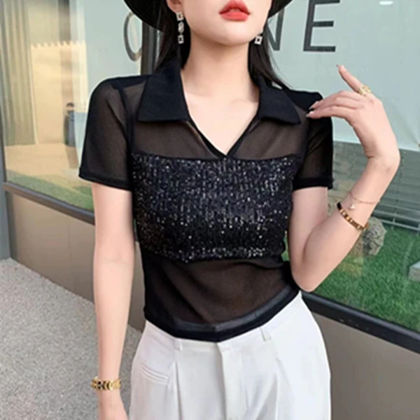 大金-原创小众冰丝纱拼接亮片v领女体恤显瘦百搭短袖上衣潮