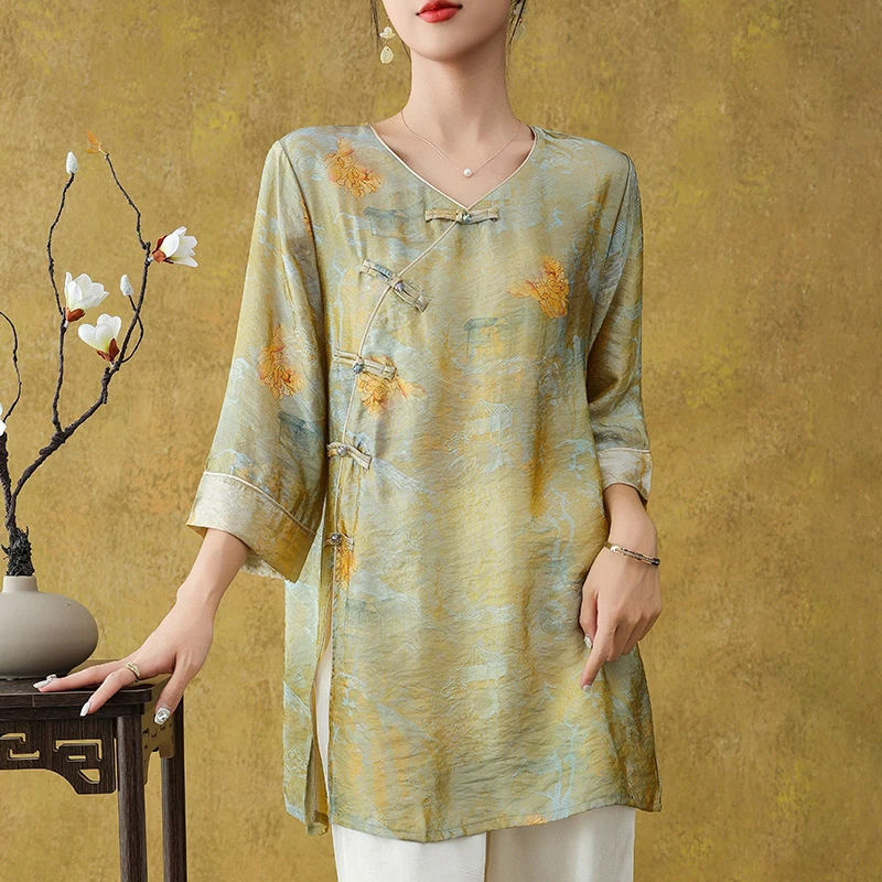 中长款新中式V领T恤唐装复古印花轻奢宽松斜襟清冷系禅意无袖上衣