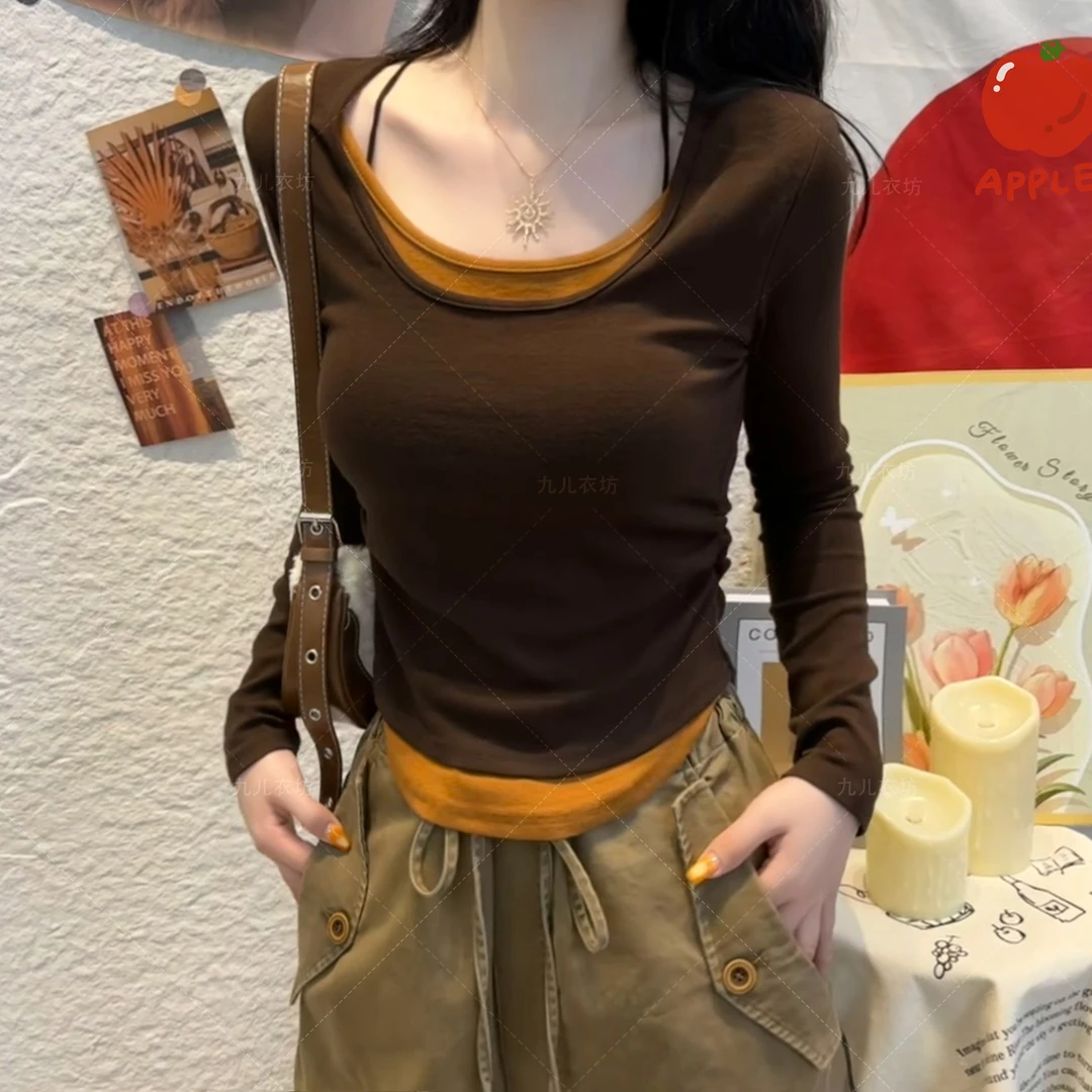 2025新款秋季撞色假两件长袖圆领设计感百搭女士加大打底上衣