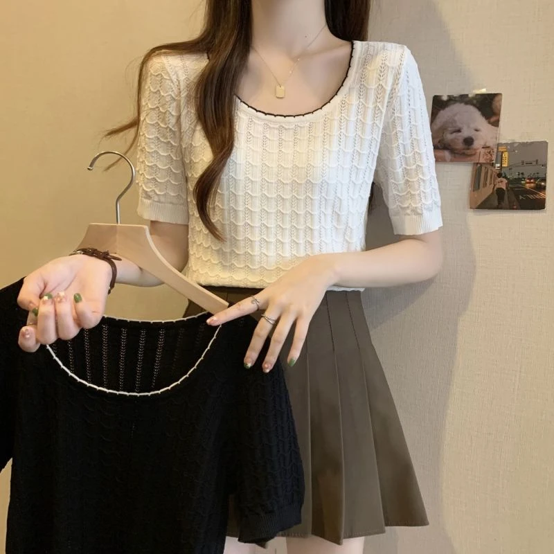 200斤大码女装遮肚子U领冰丝短袖针织衫女夏季胖妹妹洋气显瘦上衣