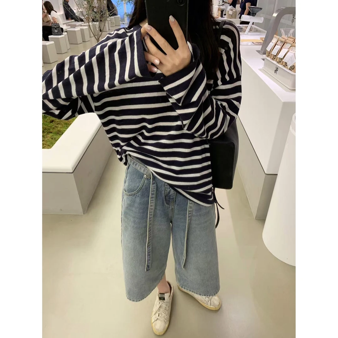大小姐77 夏日透气轻薄亚麻条纹宽松懒人时髦防晒罩衫长袖显瘦T恤