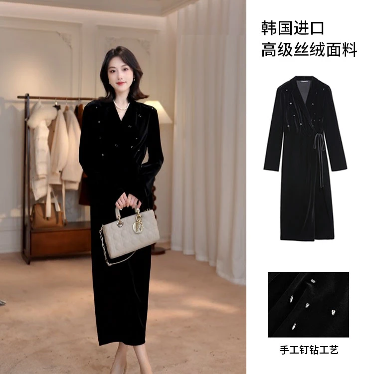 Bouthentique25秋冬高级感黑色优雅通勤丝绒连衣裙224131D1R02