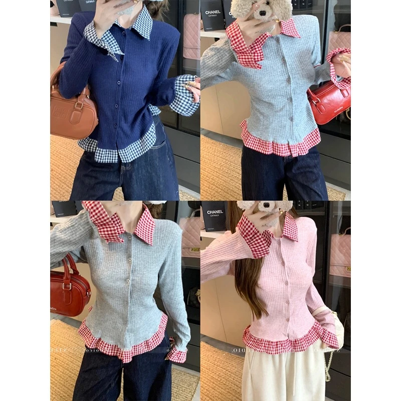 撞色格子polo领假两件长袖T恤女2025早春新款修身打底上衣