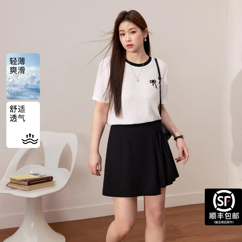 蓝语大码女装法式小香风蝴蝶结肌理感T恤夏新款轻薄百搭短袖上衣