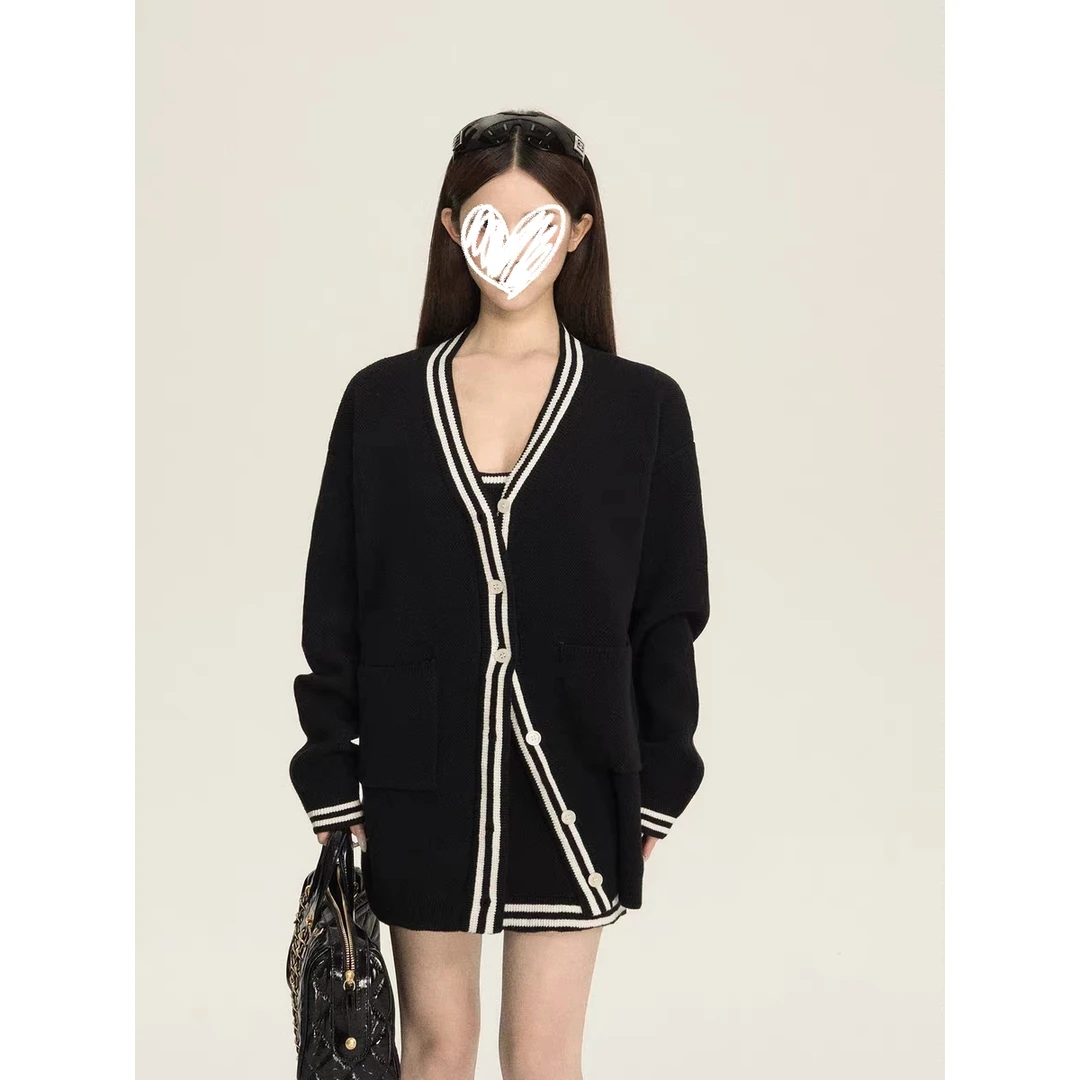 早秋新款宽松U领背心修身连衣裙宽松针织毛衣长袖开衫外套两件套