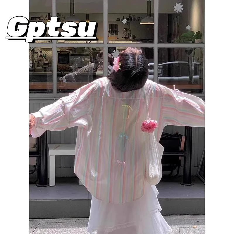 GPTSu多巴胺彩虹条纹防晒衬衫外套女春季外搭冰丝开衫衬衣罩衫薄