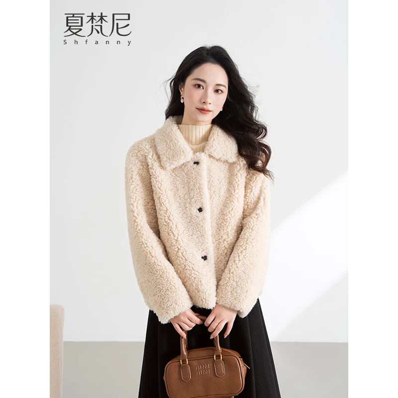 夏梵尼芬兰雪季2024冬季新款韩版翻领简约单排扣毛毛外套